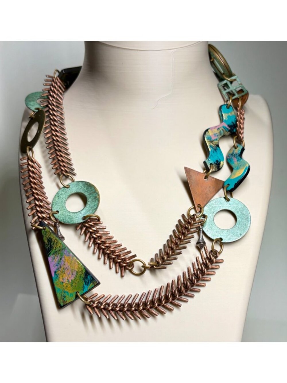 Statement Necklace Mixed Metal Copper Brass Multicolor Modernist Aprox 31 Inch - Picture 7 of 9